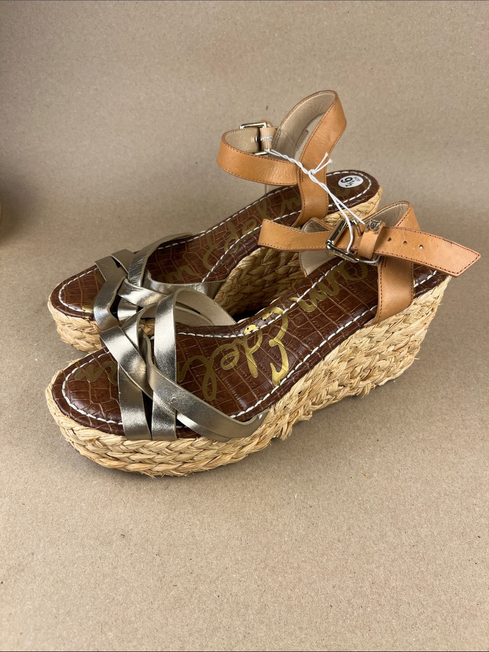 Sam Edelman Metallic Bronze Braided Wedge Sandals with Tan Ankle Strap size 9.5